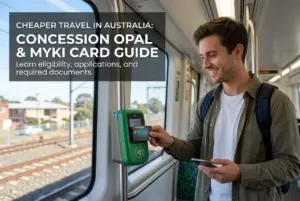 Jovem com cartão Opal no trem moderno na Austrália