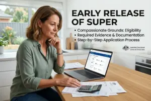 Mulher pensando em finanças no laptop sobre superannuição