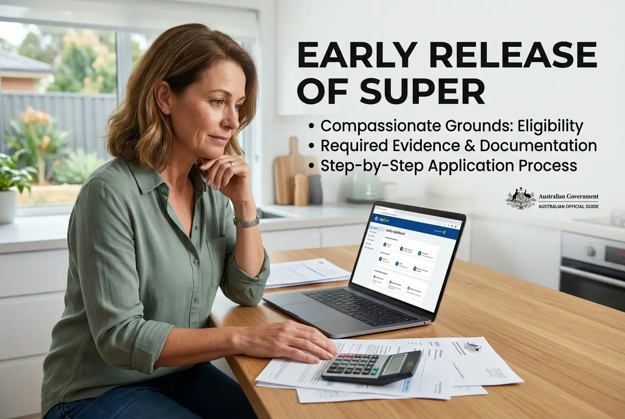 Mulher pensando em finanças no laptop sobre superannuição