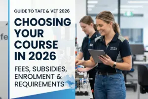 Mulher no VET/TAFE Austrália 2026 usando tablet