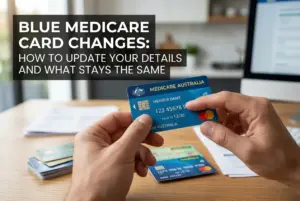 Mãos segurando cartão azul Medicare com bandeira australiana